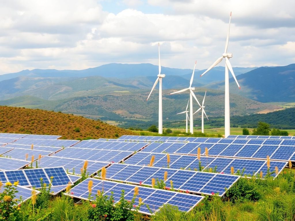 Panouri solare și turbine eoliene în peisaj natural.