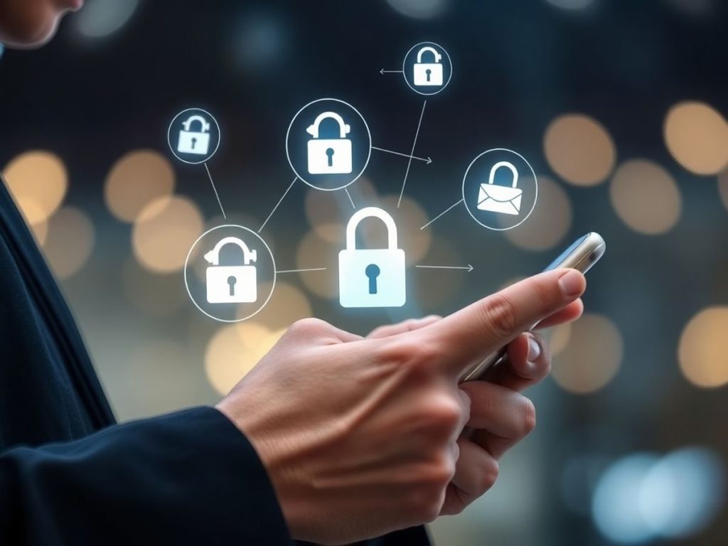 Persoană utilizând un smartphone cu iconițe de securitate.