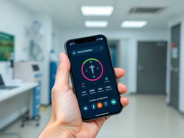 O mână ține un telefon cu o aplicație medicală.