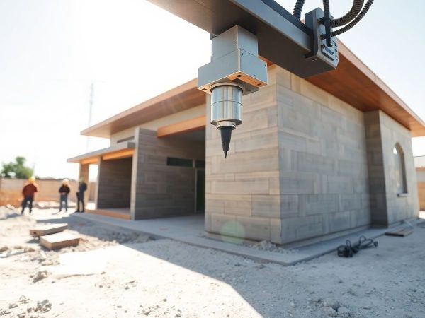 Imprimantă 3D construind o casă modernă, pe șantier.