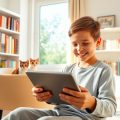 Copil studiind acasă cu instrumente digitale