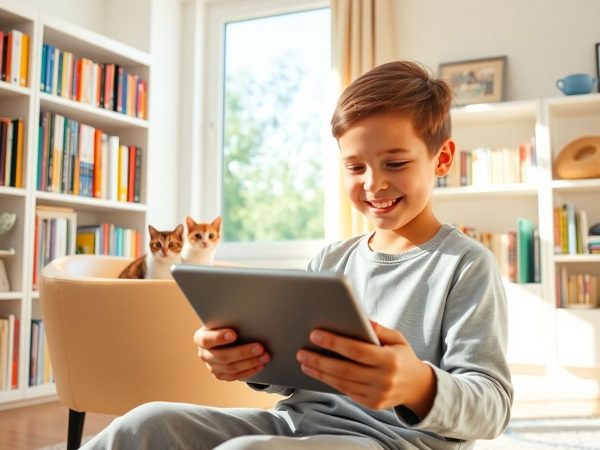 Copil studiind acasă cu instrumente digitale