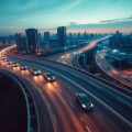 Oraș futurist, vehicule conectate 5G, rețea rapidă de transport