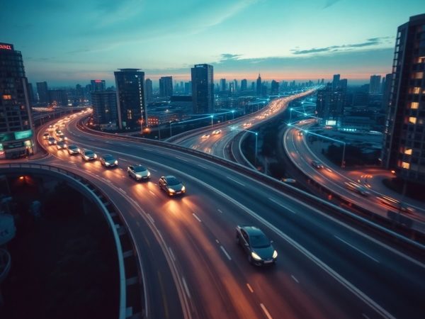 Oraș futurist, vehicule conectate 5G, rețea rapidă de transport