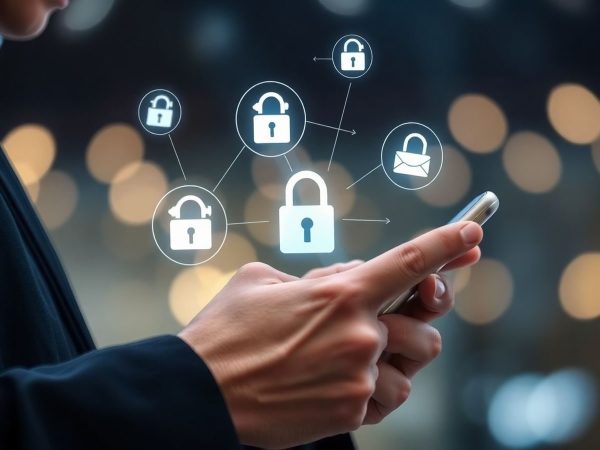 Persoană utilizând un smartphone cu iconițe de securitate.
